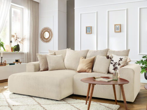 Canapé Enjoy Bobochic : un angle gauche en velours côtelé beige pensé pour les soirées cocooning - Canapé Bobochic