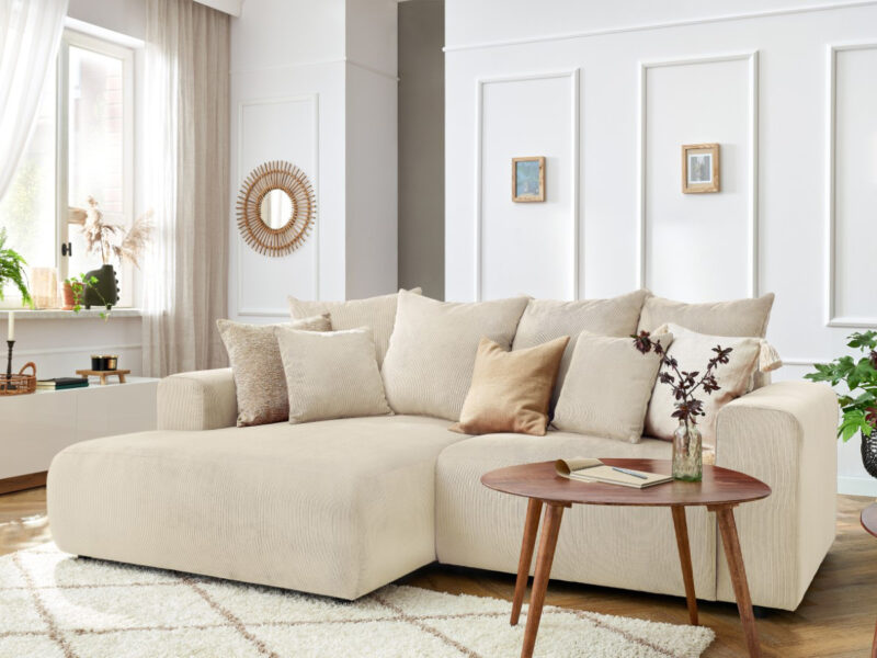 Canapé Enjoy Bobochic : un angle gauche en velours côtelé beige pensé pour les soirées cocooning - Canapé Bobochic