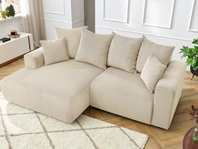Canapé Enjoy Bobochic : un angle gauche en velours côtelé beige pensé pour les soirées cocooning - Canapé Bobochic