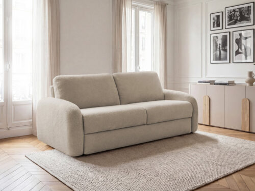 Canapé Kenan Bobochic : un convertible express 3 places en bouclette beige taillé pour un usage quotidien - Canapé Bobochic