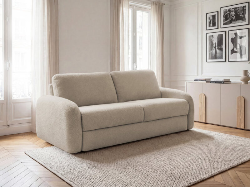 Canapé Kenan Bobochic : un convertible express 3 places en bouclette beige taillé pour un usage quotidien - Canapé Bobochic