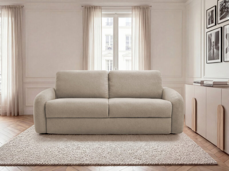 Canapé Kenan Bobochic : un convertible express 3 places en bouclette beige taillé pour un usage quotidien - Canapé Bobochic