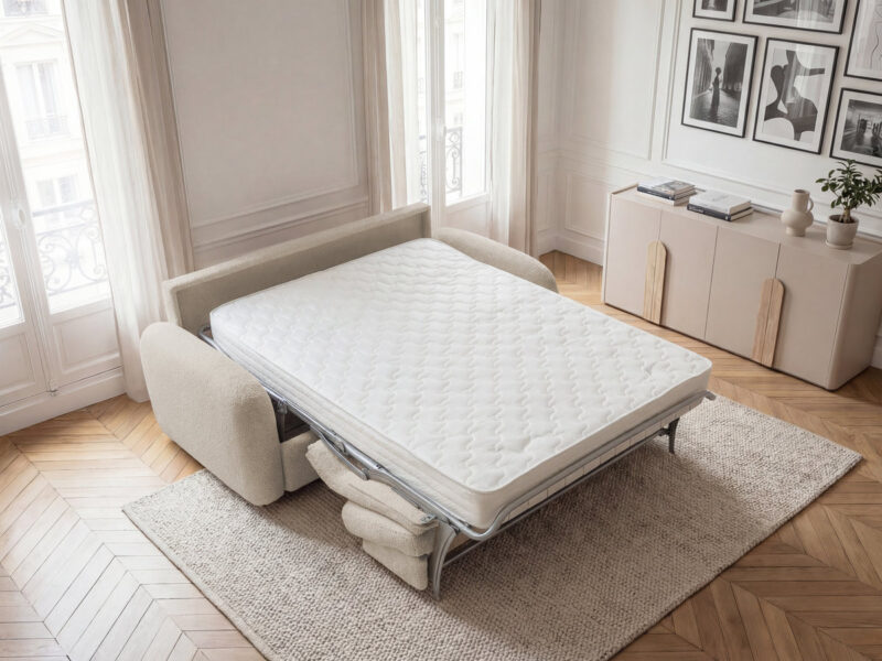 Canapé Kenan Bobochic : un convertible express 3 places en bouclette beige taillé pour un usage quotidien - Canapé Bobochic