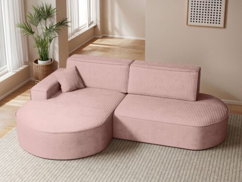 Canapé Marlo Usinestreet : un convertible d'angle en velours côtelé rose avec coffre intégré - vue détaillée