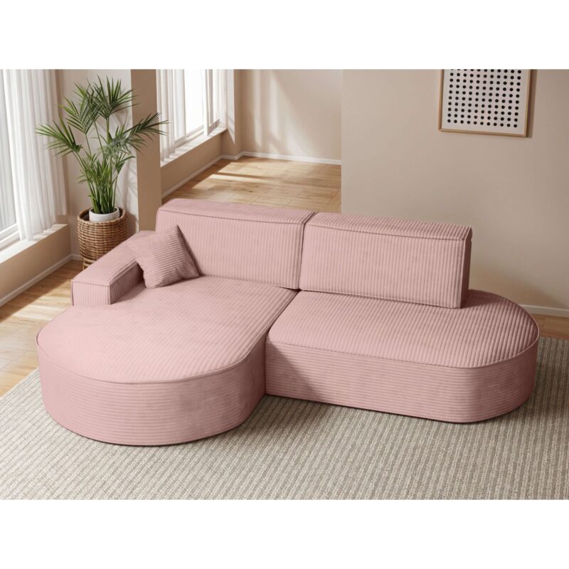 Canapé Marlo Usinestreet : un convertible d&rsquo;angle en velours côtelé rose avec coffre intégré - Canapé UsineStreet