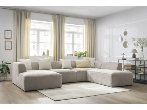 Canapé Megeve Bobochic : un panoramique 5 places fixe en tissu texturé beige taillé pour les grands salons - Canapé Bobochic