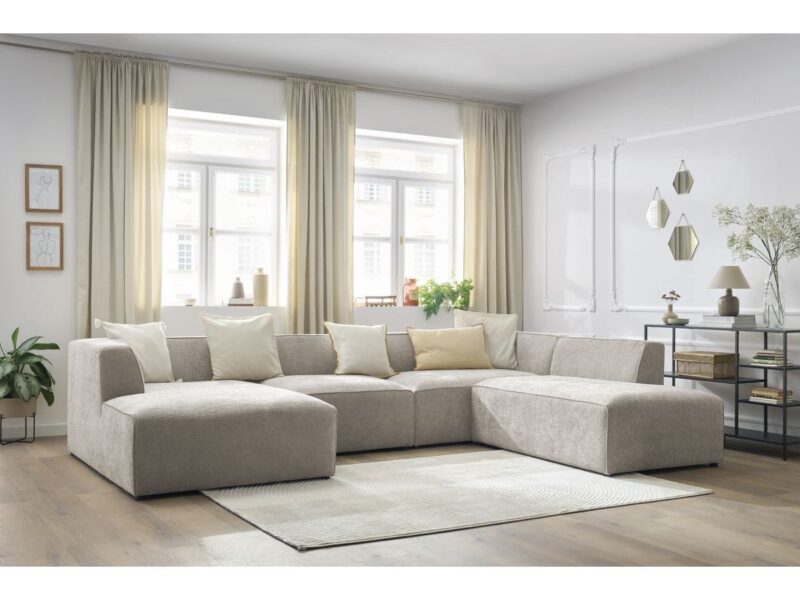 Canapé Megeve Bobochic : un panoramique 5 places fixe en tissu texturé beige taillé pour les grands salons - Canapé Bobochic