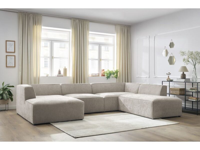 Canapé Megeve Bobochic : un panoramique 5 places fixe en tissu texturé beige taillé pour les grands salons - Canapé Bobochic