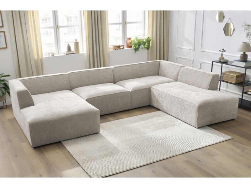 Canapé Megeve Bobochic : un panoramique 5 places fixe en tissu texturé beige taillé pour les grands salons - Canapé Bobochic