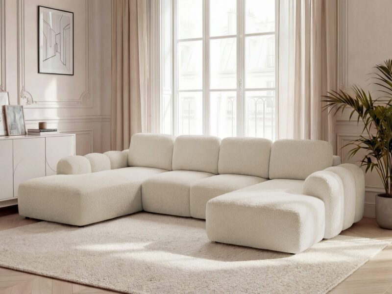 Canapé Montaigne Bobochic : un panoramique convertible en bouclette beige taillé pour les grands salons - Canapé Bobochic