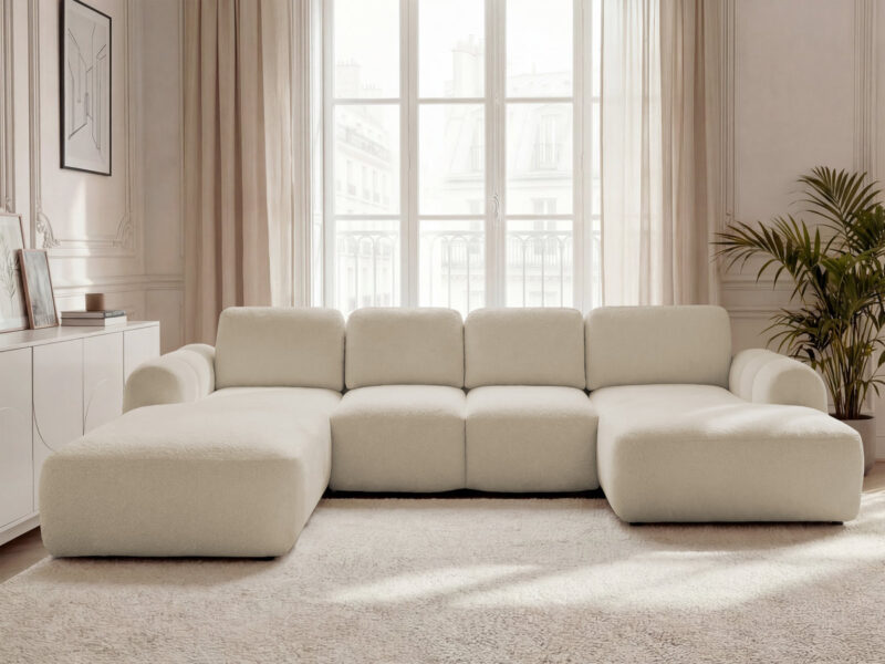 Canapé Montaigne Bobochic : un panoramique convertible en bouclette beige taillé pour les grands salons - Canapé Bobochic