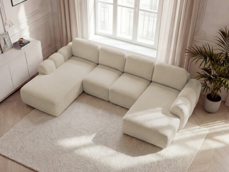 Canapé Montaigne Bobochic : un panoramique convertible en bouclette beige taillé pour les grands salons - Canapé Bobochic