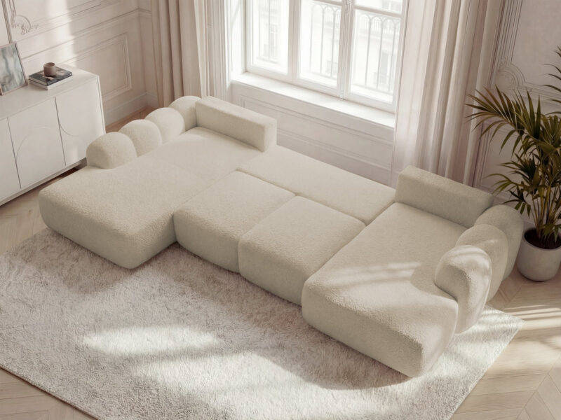 Canapé Montaigne Bobochic : un panoramique convertible en bouclette beige taillé pour les grands salons - Canapé Bobochic