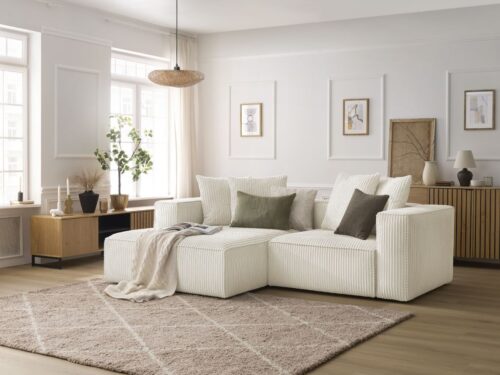 Canapé Nina Bobochic : un angle gauche 3 places en velours côtelé beige pour un salon moderne et cosy - Canapé Bobochic