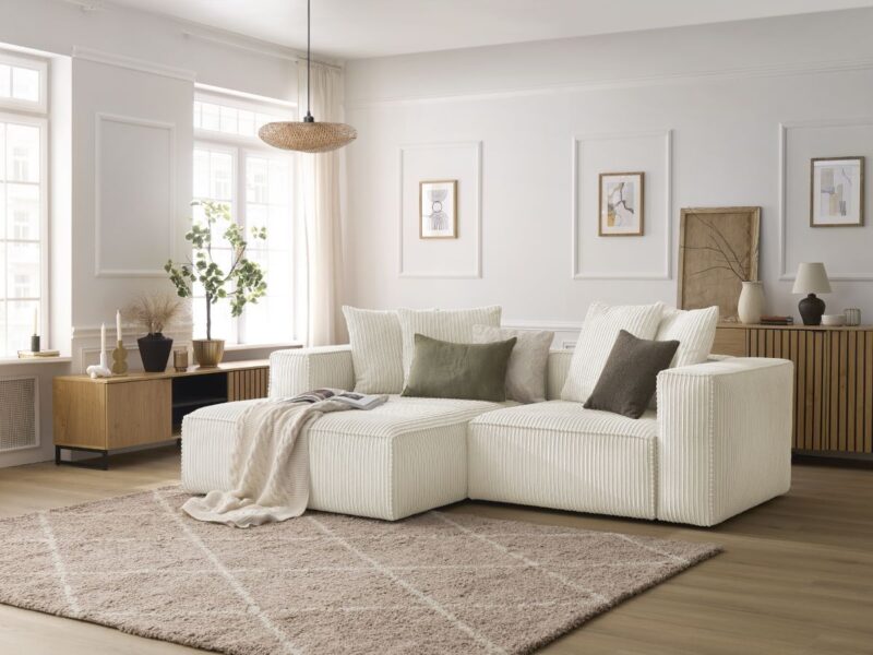 Canapé Nina Bobochic : un angle gauche 3 places en velours côtelé beige pour un salon moderne et cosy - Canapé Bobochic