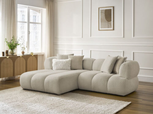 Canapé Pamira Bobochic : un angle gauche 4 places en bouclette beige qui joue la carte du confort moelleux - Canapé Bobochic