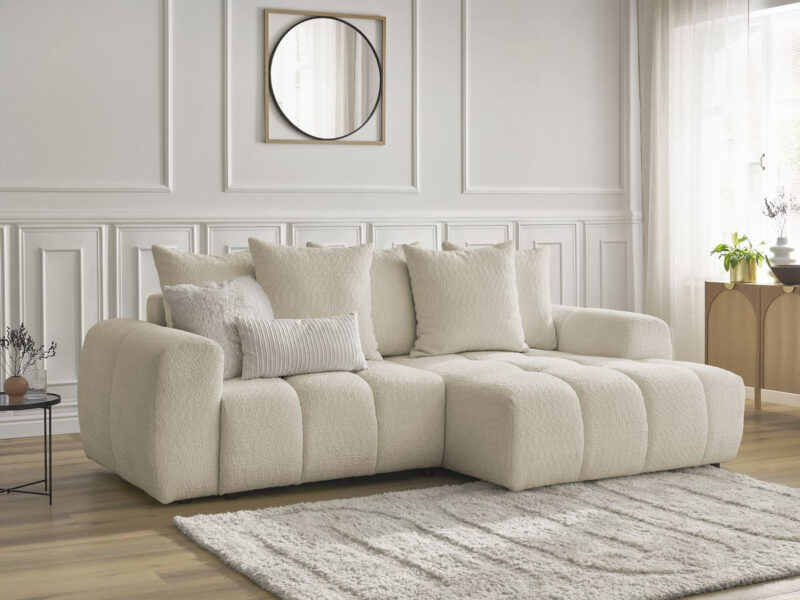 Canapé Roxelane Bobochic : un angle droit convertible coffre en bouclette beige pour les salons qui veulent tout - Canapé Bobochic