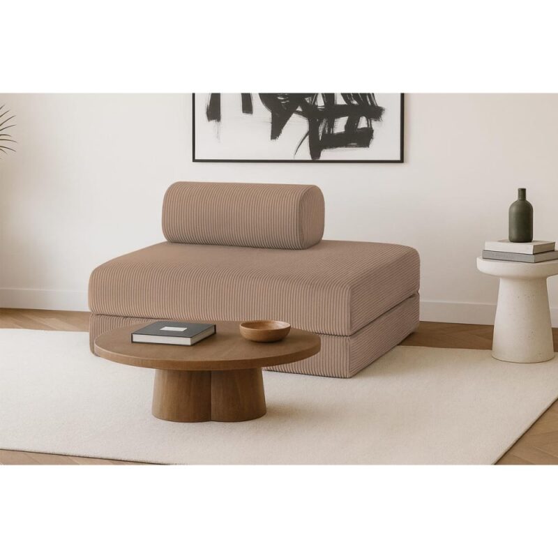 test-du-canape-droit-convertible-2-places-kimo-en-velours-cotele-taupe_3-1.jpg canapé droit convertible 2 places Kimo en velours côtelé taupe - mise en situation