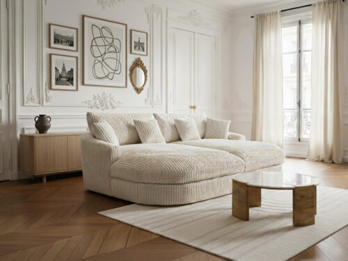 Canapé Belem Bobochic : un 3 places fixe à assise profonde en velours côtelé beige qui joue la carte du cocooning - Canapé Bobochic