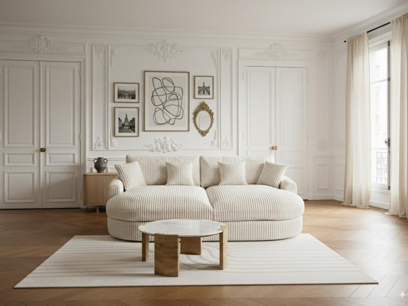 Canapé Belem Bobochic : un 3 places fixe à assise profonde en velours côtelé beige qui joue la carte du cocooning - Canapé Bobochic