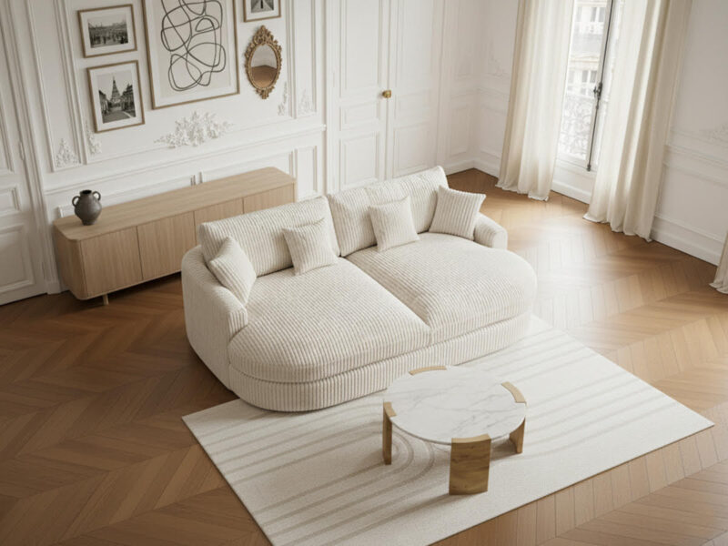 Canapé Belem Bobochic : un 3 places fixe à assise profonde en velours côtelé beige qui joue la carte du cocooning - Canapé Bobochic