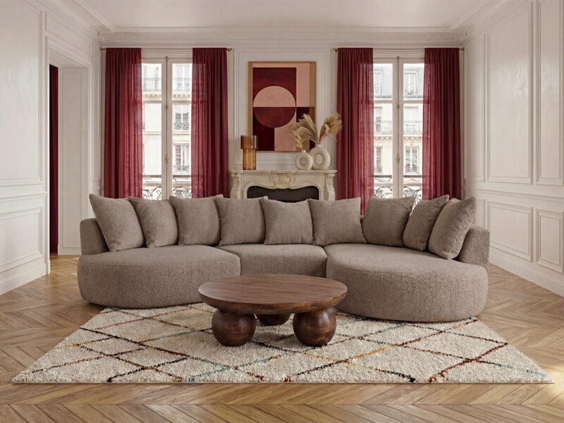 Canapé Calypso Bobochic : un angle droit en bouclette taupe pour les salons qui veulent du caractère sans sacrifier le confort - Canapé Bobochic