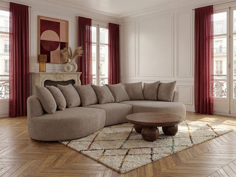 Canapé Calypso Bobochic : un angle droit en bouclette taupe pour les salons qui veulent du caractère sans sacrifier le confort - Canapé Bobochic