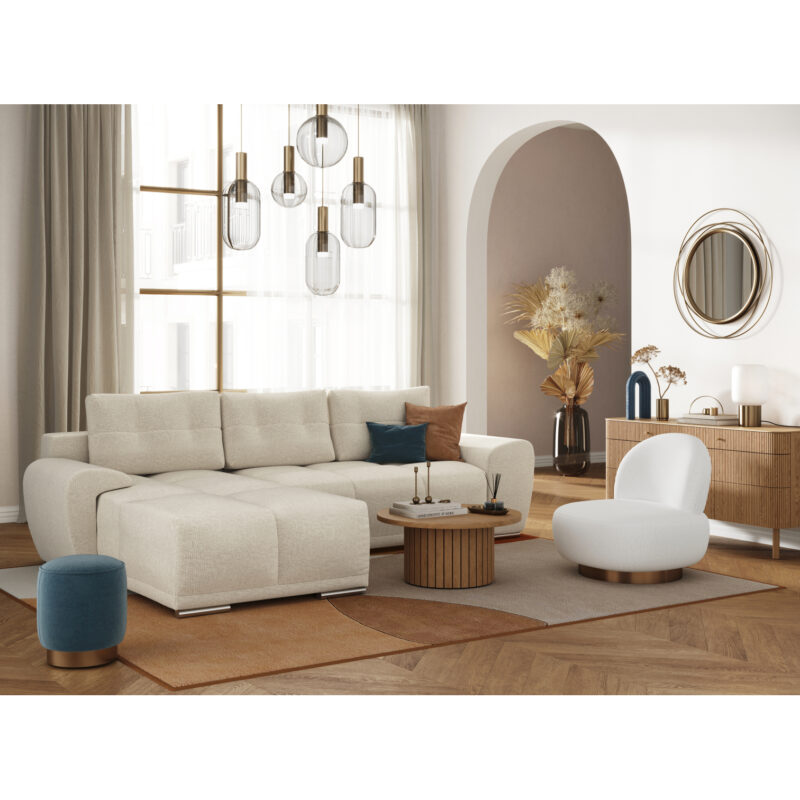 Canapé Cassandra Usinestreet : un angle convertible beige avec coffre et tissu easy clean - Canapé UsineStreet