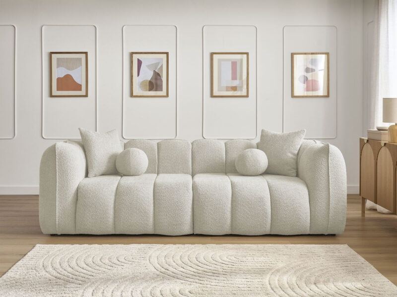 Canapé Denver Bobochic : un 3 places fixe en bouclette beige qui joue la carte du cocooning assumé - Canapé Bobochic