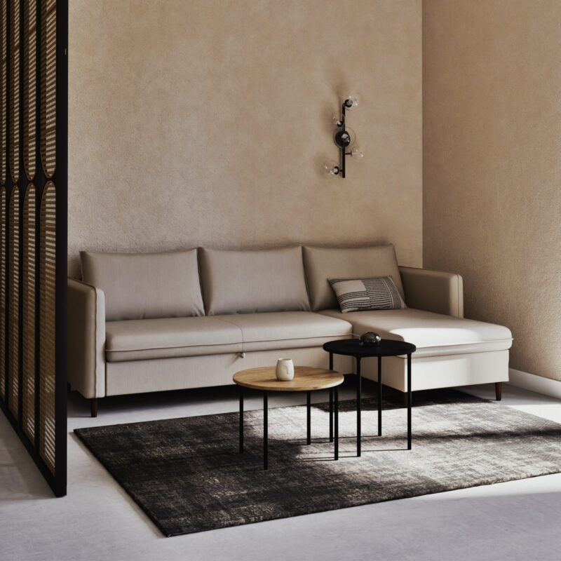 Canapé Divine Maisons Du Monde : un angle convertible lin/viscose beige avec coffre de rangement intégré - Canapé Maisons du Monde