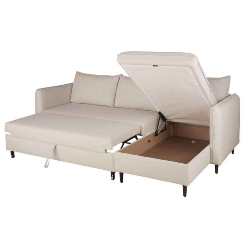 Canapé Divine Maisons Du Monde : un angle convertible lin/viscose beige avec coffre de rangement intégré - Canapé Maisons du Monde