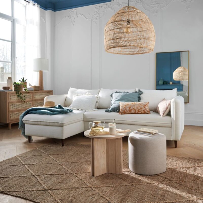 Canapé Divine Maisons Du Monde : un angle convertible lin/viscose beige avec coffre de rangement intégré - Canapé Maisons du Monde