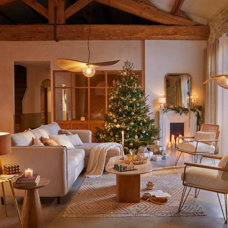 Canapé Divine Maisons Du Monde : un angle convertible lin/viscose beige avec coffre de rangement intégré - Canapé Maisons du Monde