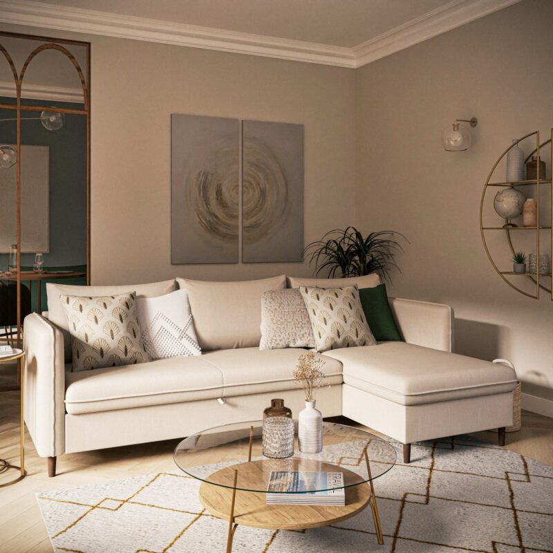 Canapé Divine Maisons Du Monde : un angle convertible lin/viscose beige avec coffre de rangement intégré - Canapé Maisons du Monde