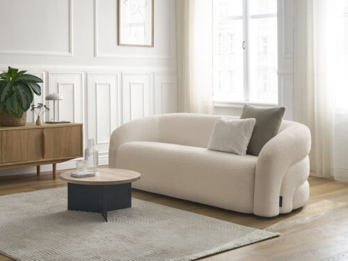 Canapé Elina Bobochic : un 3 places fixe en bouclette beige aux formes sculpturales - Canapé Bobochic