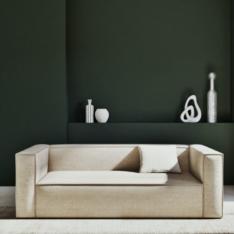 Canapé Fakir Maisons du Monde : un 3 places en velours côtelé beige aux lignes épurées pour salon contemporain - Canapé Maisons du Monde