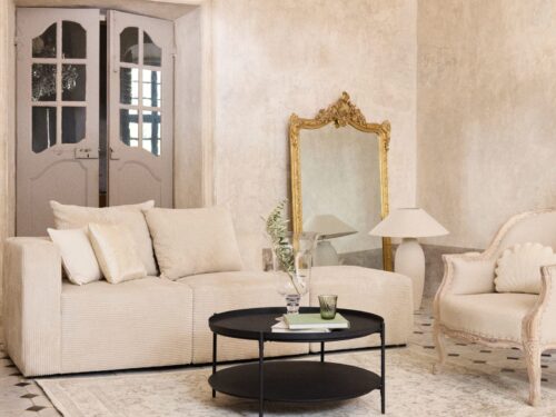 Canapé Jill Maisons Du Monde : un 2/3 places modulable en velours côtelé beige pour salon lumineux - vue détaillée