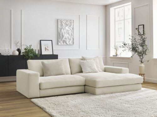 Canapé Leonard Bobochic : un angle droit 4 places en velours côtelé beige pour les salons qui veulent du cachet - Canapé Bobochic