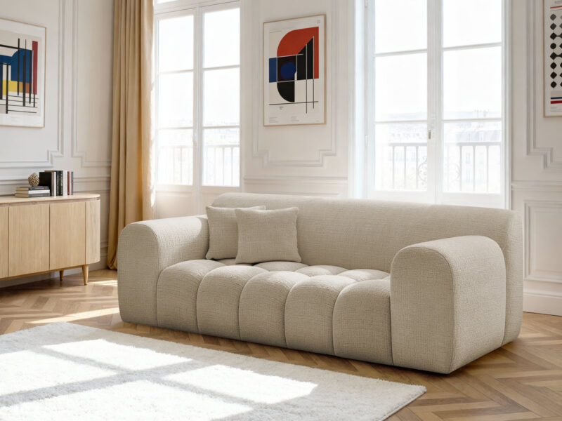 Canapé Melisse Bobochic : un 2 places fixe en tissu texturé beige taillé pour les salons modernes - Canapé Bobochic
