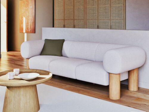 Canapé Phoenix Maisons Du Monde : un 3 places en textile tramé écru aux lignes arrondies pour salon contemporain - vue détaillée