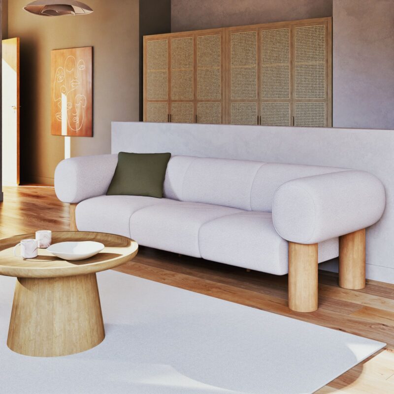 Canapé Phoenix Maisons Du Monde : un 3 places en textile tramé écru aux lignes arrondies pour salon contemporain - Canapé Maisons du Monde