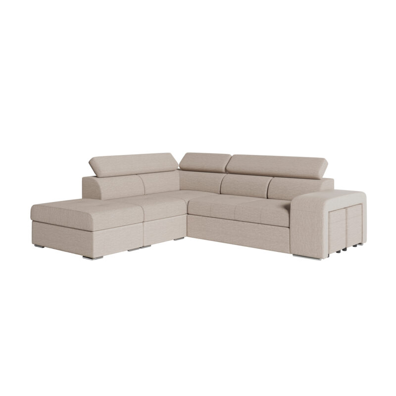 Canapé Soan Usinestreet : un angle convertible beige avec poufs et méridienne intégrés pour les familles - Canapé UsineStreet
