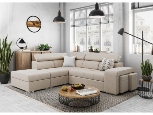 Canapé Soan Usinestreet : un angle convertible beige avec poufs et méridienne intégrés pour les familles - vue détaillée