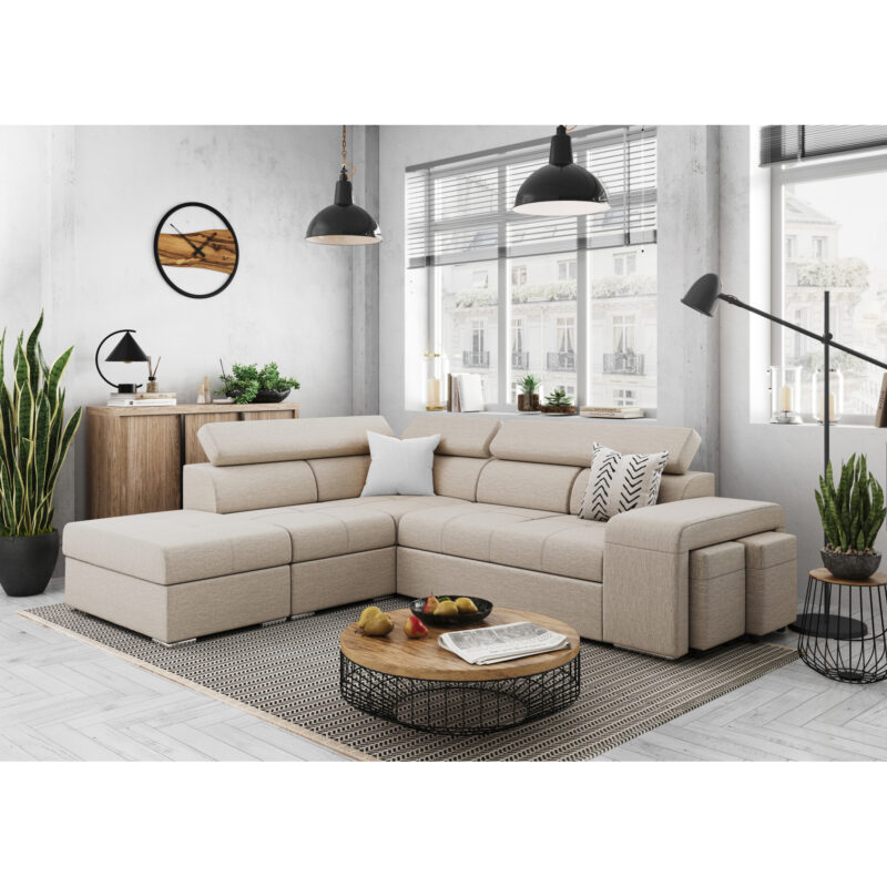 Canapé Soan Usinestreet : un angle convertible beige avec poufs et méridienne intégrés pour les familles - Canapé UsineStreet