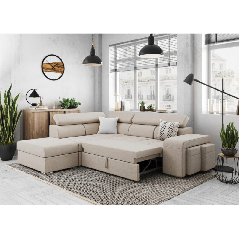 Canapé Soan Usinestreet : un angle convertible beige avec poufs et méridienne intégrés pour les familles - Canapé UsineStreet