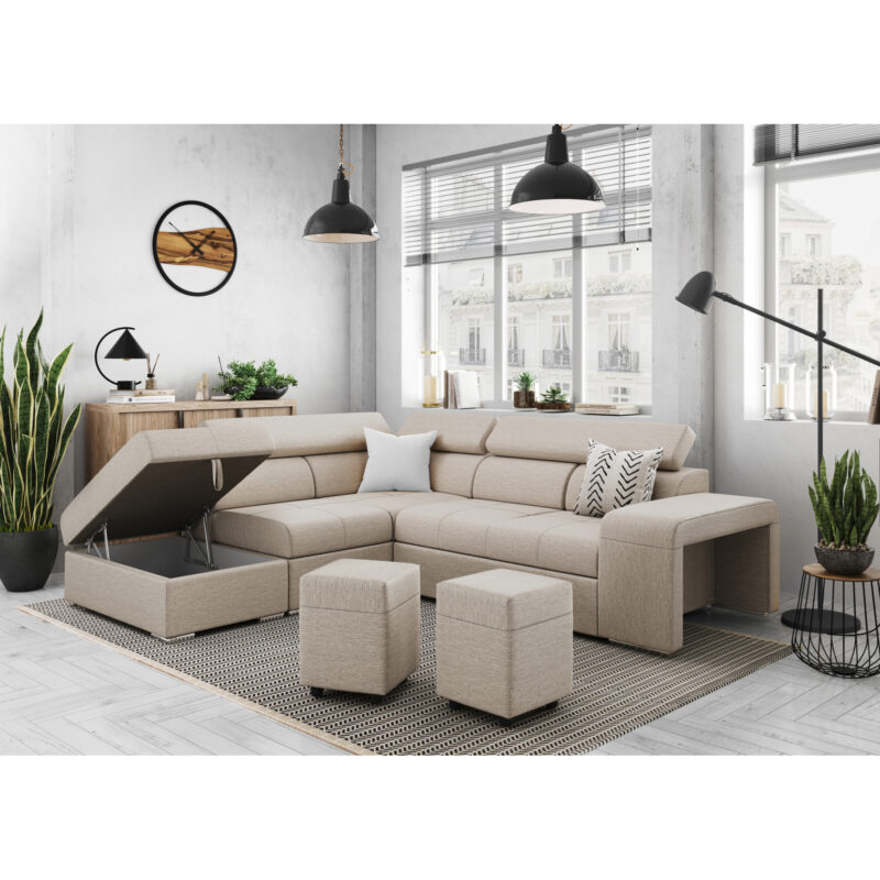 Canapé Soan Usinestreet : un angle convertible beige avec poufs et méridienne intégrés pour les familles - Canapé UsineStreet