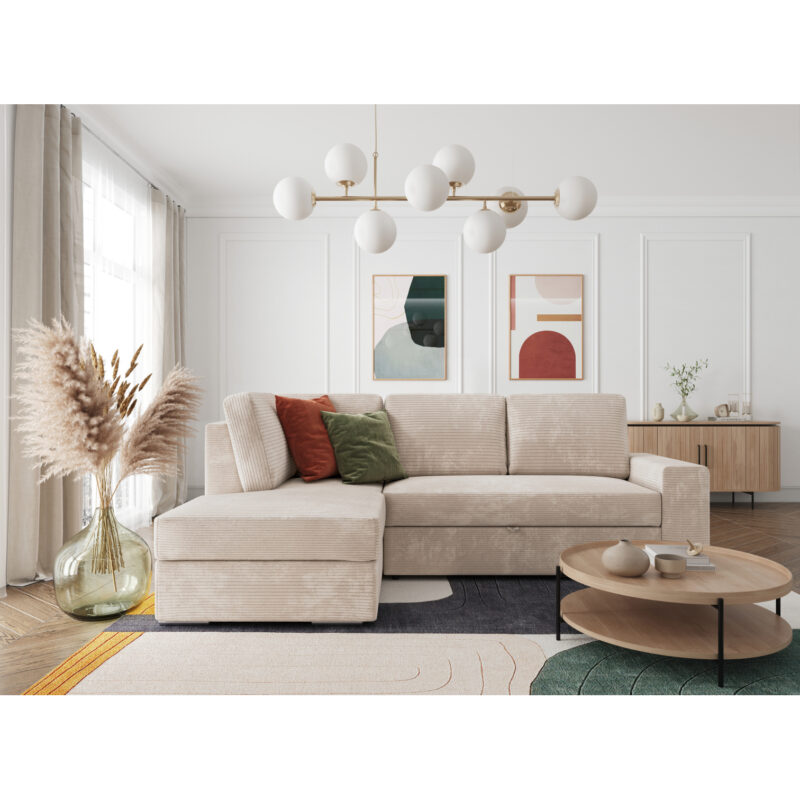 Canapé Aden Usinestreet : un angle convertible en velours côtelé beige avec coffre intégré - Canapé UsineStreet