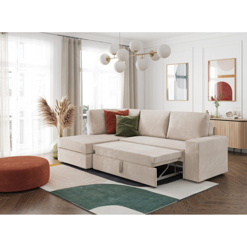 Canapé Aden Usinestreet : un angle convertible en velours côtelé beige avec coffre intégré - Canapé UsineStreet