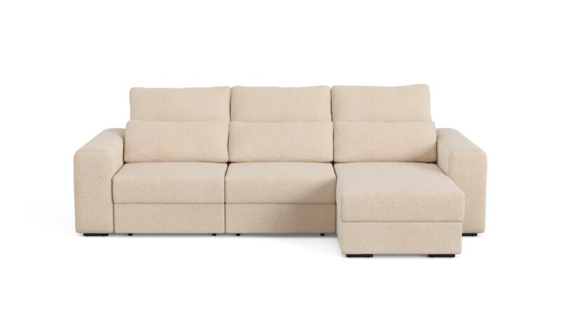 Canapé Butler Conforama : un angle relax manuel beige sable avec coffre et têtières pour grands salons - Canapé Conforama