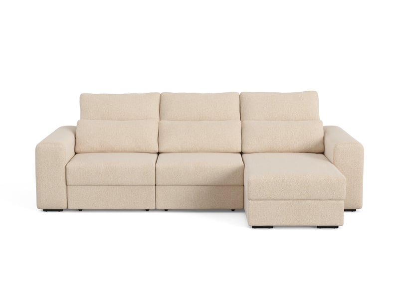Canapé Butler Conforama : un angle relax manuel beige sable avec coffre et têtières pour grands salons - Canapé Conforama